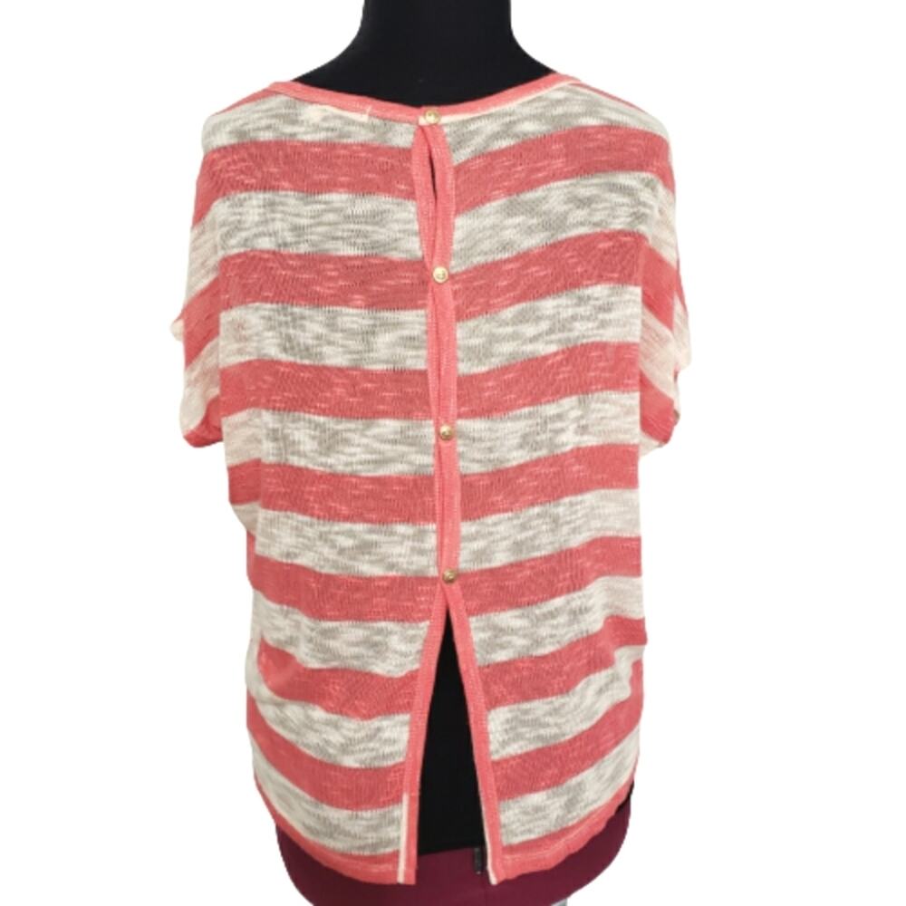Edge Coral and Ivory Striped Semi Sheer Button Back Dolman Sleeve Sweater M‎